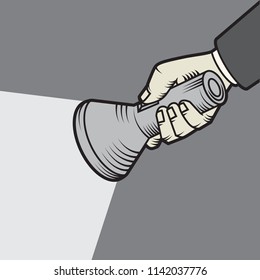 Flashlight with a beam of light in males hand, vector illustration