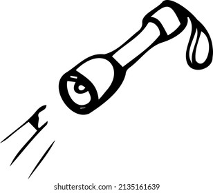 Flashlight. Black and white vector illustration, hand-drawn. Isolated object on a white background. Clipart, template, sketch.
