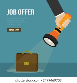 Flashlight in businessman hand and beam of light directed on huge briefcase. Recruitment, job interview concept. HR agent hiring new staff. Handheld flashlight illuminates business suitcase. vector