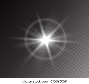 Lanterna, luz de flash da câmera com efeito de flare e lente isolado em fundo transparente. Destaque branco ou explosão de estrela vívida. Ilustração brilho vetorial.