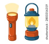 Flashlight and camping lantern set. Cartoon vector isolated illustration on white background.
