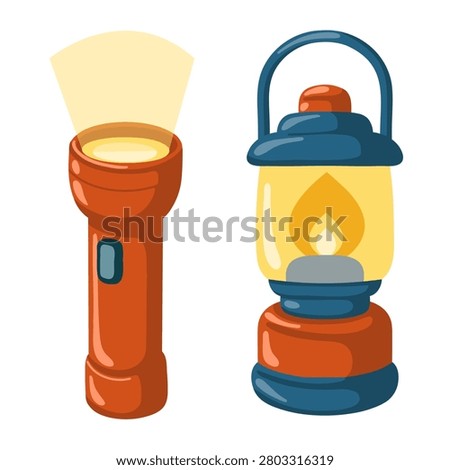 Flashlight and camping lantern set. Cartoon vector isolated illustration on white background.