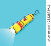 Flashlight cartoon design with lights on. Flat cartoon vector of yellow flashlight