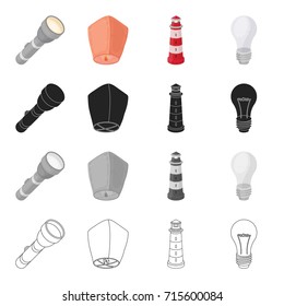 Flashlight, Chinese lantern, light of a lighthouse, light bulb. Light source set collection icons in cartoon black monochrome outline style vector symbol stock illustration web.