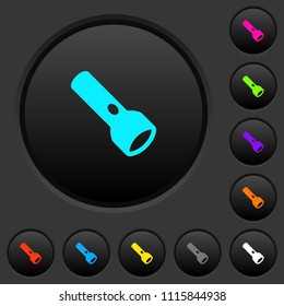Flashlight dark push buttons with vivid color icons on dark grey background
