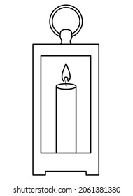 Flashlight. Decorative vintage lantern with a candle inside - vector linear illustration for coloring. Outline. Desktop or hanging flashlight - doodle element for coloring book