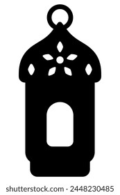 Flashlight. Fanu. Silhouette. Vector illustration. Symbol of Ramadan. Outline on isolated background. A dark, oddly shaped lamp with a window. The lantern cover is decorated with a rhombus flower 