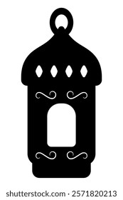 Flashlight. Fanu. Silhouette. Vector illustration. Symbol of Ramadan. Outline on isolated background. A dark, oddly shaped lamp with a window and squiggles. The lantern cover is decorated with rhombus