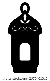 Flashlight. Fanu. Silhouette. Vector illustration. Symbol of Ramadan. Outline on isolated background. A dark, oddly shaped lamp with a window. The lantern cover is decorated with three petals.