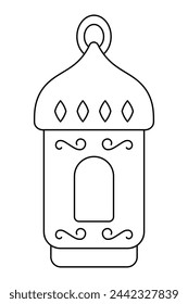 Flashlight. Fanu. Sketch. Vector illustration. Symbol of Ramadan. Outline on isolated background. Doodle style. A bizarrely shaped lamp with a window and squiggles. The lantern cover is decorated 