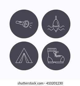 Flashlight, fishing float and hiking boots. Camping tent linear sign. Flat icons in circle buttons on white background. Vector