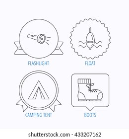 Flashlight, fishing float and hiking boots. Camping tent linear sign. Award medal, star label and speech bubble designs. Vector