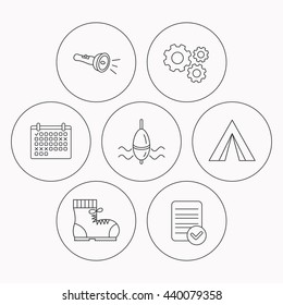 Flashlight, fishing float and hiking boots. Camping tent linear sign. Check file, calendar and cogwheel icons. Vector