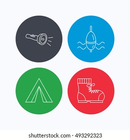 Flashlight, fishing float and hiking boots.