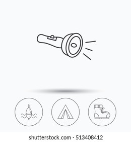 Flashlight, fishing float and hiking boots. Camping tent linear sign. Linear icons in circle buttons. Flat web symbols. Vector
