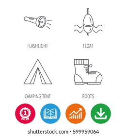 Flashlight, fishing float and hiking boots. Camping tent linear sign. Award medal, growth chart and opened book web icons. Download arrow. Vector
