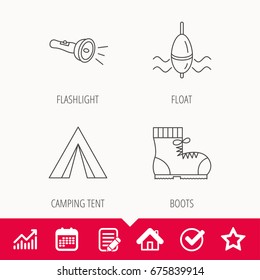 Flashlight, fishing float and hiking boots. Camping tent linear sign. Edit document, Calendar and Graph chart signs. Star, Check and House web icons. Vector