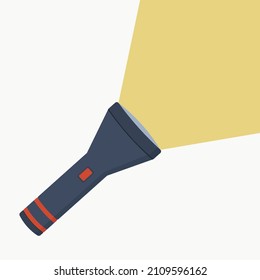 Flashlight flat icon with a bright beam. Electric lamp battery powered. Pocket flashlight. Light source.