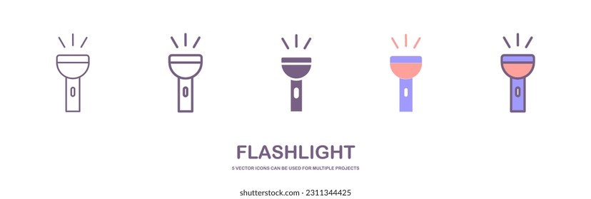 Flashlight flat icon with a bright beam. Electric lamp battery powered. Pocket flashlight. Light source. Vector illustration flat design. Isolated on white background.