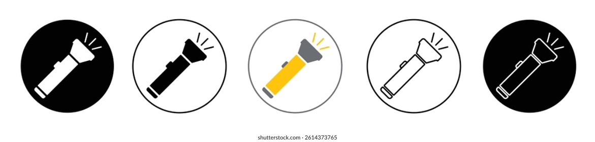 Flashlight flat icon with a bright beam. Electric lamp battery powered. Pocket flashlight. Light source. Vector illustration flat design. Isolated on white background.
