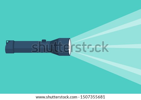 Flashlight flat icon with a bright beam. Electric lamp battery powered. Pocket flashlight. Light source. Vector illustration flat design. Isolated on white background.