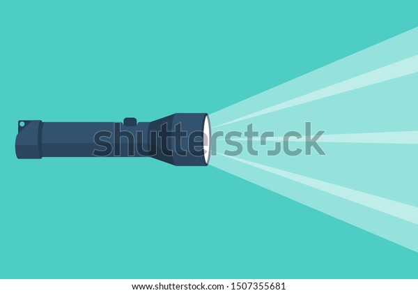 Flashlight flat icon with a bright\
beam. Electric lamp battery powered. Pocket flashlight. Light\
source. Vector illustration flat design. Isolated on white\
background.