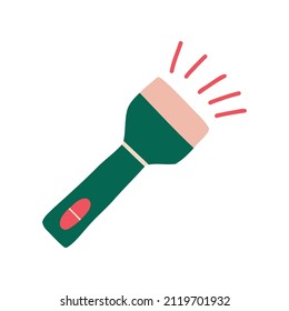 Flashlight flat icon in cartoon style. Pocket tourist flashlight. Vector hand drawn illustration. Isolated on white background.