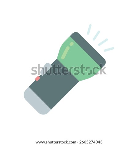 Flashlight flat icon. Colorful vector illustration of a green handheld torch emitting light. Ideal for camping, emergency, or outdoor-related concepts. Flat design for mobile app and web sites. 