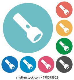 Flashlight flat white icons on round color backgrounds