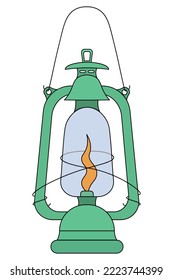 Flashlight. Green kerosene lamp. Color vector illustration. Cartoon style. Isolated background. Old fashioned lamp. Light fixture with fire inside. Thanksgiving symbol. Idea for web design.