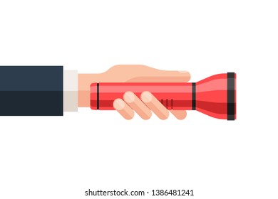 Flashlight in hand on white background. The concept of the symbol search. Isolated vector illustration in flat style