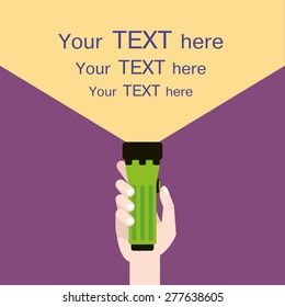 flashlight in hand with sample text flat illustration