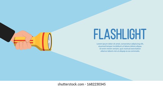 Flashlight icon for advertising and text. Hand with holding flashlight and projection light beam in flat design. Place for your text. Vector illustration, EPS 10.