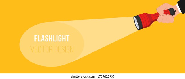 Flashlight icon for advertising and text. Hand with holding flashlight and projection light beam in flat design. Place for your text. Vector illustration, EPS 10.