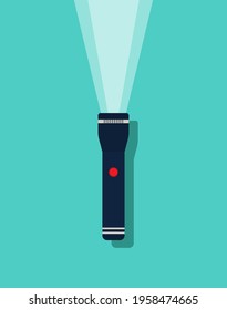 Flashlight icon. Beam of light from lantern. Torch with button, flash for search. Lamp on battery isolated on blue background. Design of electric spotlight for dark night. Portable torchlight. Vector.