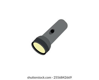 Flashlight icon. Beam of light from lantern. Torch with button, flash for search. Lamp on battery isolated on blue background. Design of electric spotlight for dark night. Portable torchlight. Vector.