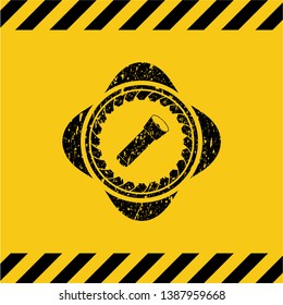 flashlight icon black grunge emblem, yellow warning sign. Vector Illustration. Detailed.