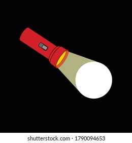 Flashlight Icon with a Bright Beam. Electrical Torch with Ray. Pocket Flashlight. Isolated on Black Background. Flashlight Symbol Design. Can be Used for Analysis, Search or Research Concept