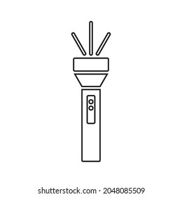 The flashlight icon. A contour image of a hand-held flashlight with a symbolic image of light rays. Vector illustration isolated on a white background for design and web.