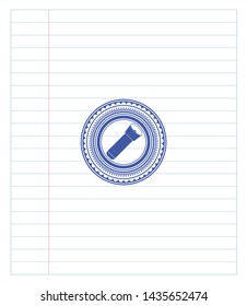 flashlight icon emblem draw with pen effect. Blue ink. Vector Illustration. Detailed.