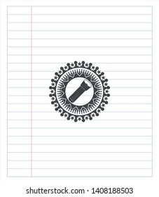 flashlight icon emblem with pencil effect. Vector Illustration. Detailed.