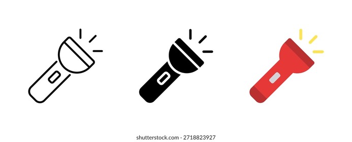 Ícone de lanterna. Tocha portátil de mão para luz e iluminação. Dispositivo elétrico utilizado em situações de obscuridade e emergência. Ilustração vetorial simples isolada sobre fundo branco.