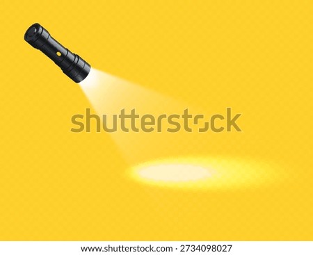 Flashlight icon illuminating a beam of light with a flickering dust surface. Vector 3D illustration.