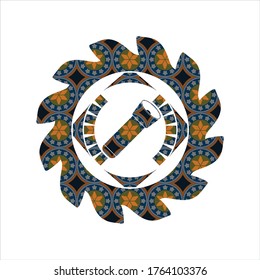 flashlight icon inside arabesque style badge. arabic decoration. 
