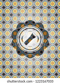 flashlight icon inside arabic badge. Arabesque decoration.