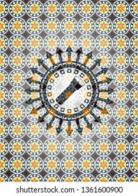 flashlight icon inside arabic badge. Arabesque decoration.