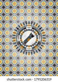flashlight icon inside arabic badge background. Arabesque decoration. 