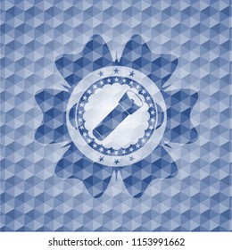 flashlight icon inside blue emblem with geometric pattern background.