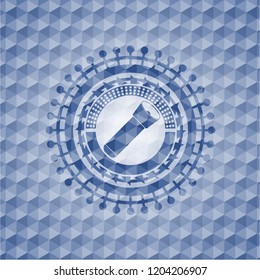 flashlight icon inside blue emblem or badge with abstract geometric pattern background.