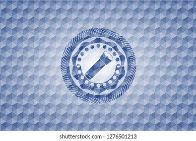 flashlight icon inside blue emblem with geometric background.